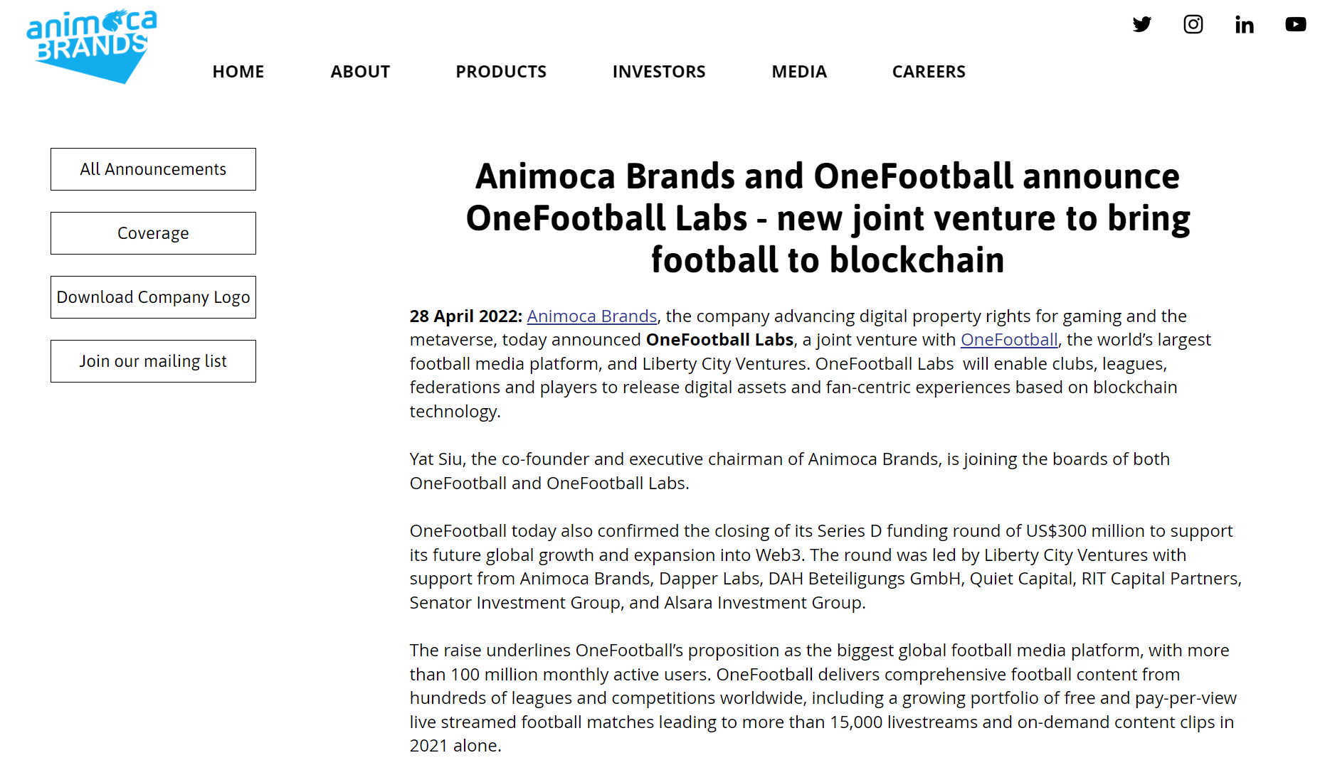 足球媒体平台 OneFootball 完成 3 亿美元 D 轮融资，Liberty City Ventures 领投