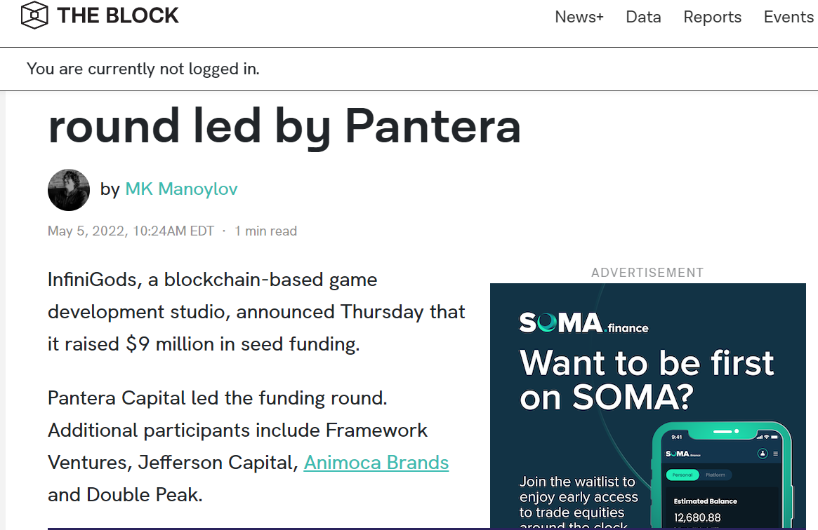 链游开发工作室 InfiniGods 完成 900 万美元种子轮融资，Pantera 领投